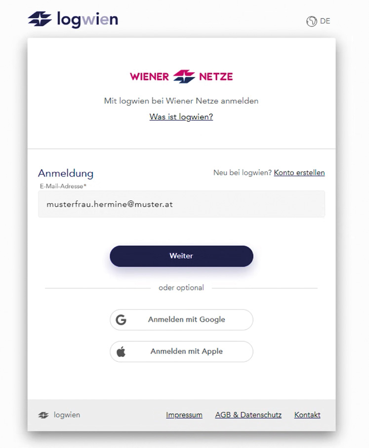 logwien E-Mail Eingabe